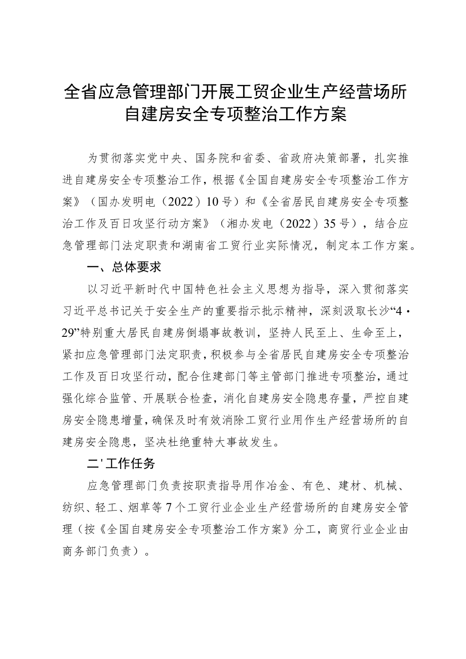 湖南省应急管理部门开展工贸企业生产经营场所自建房安全专项整治工作方案.docx_第1页