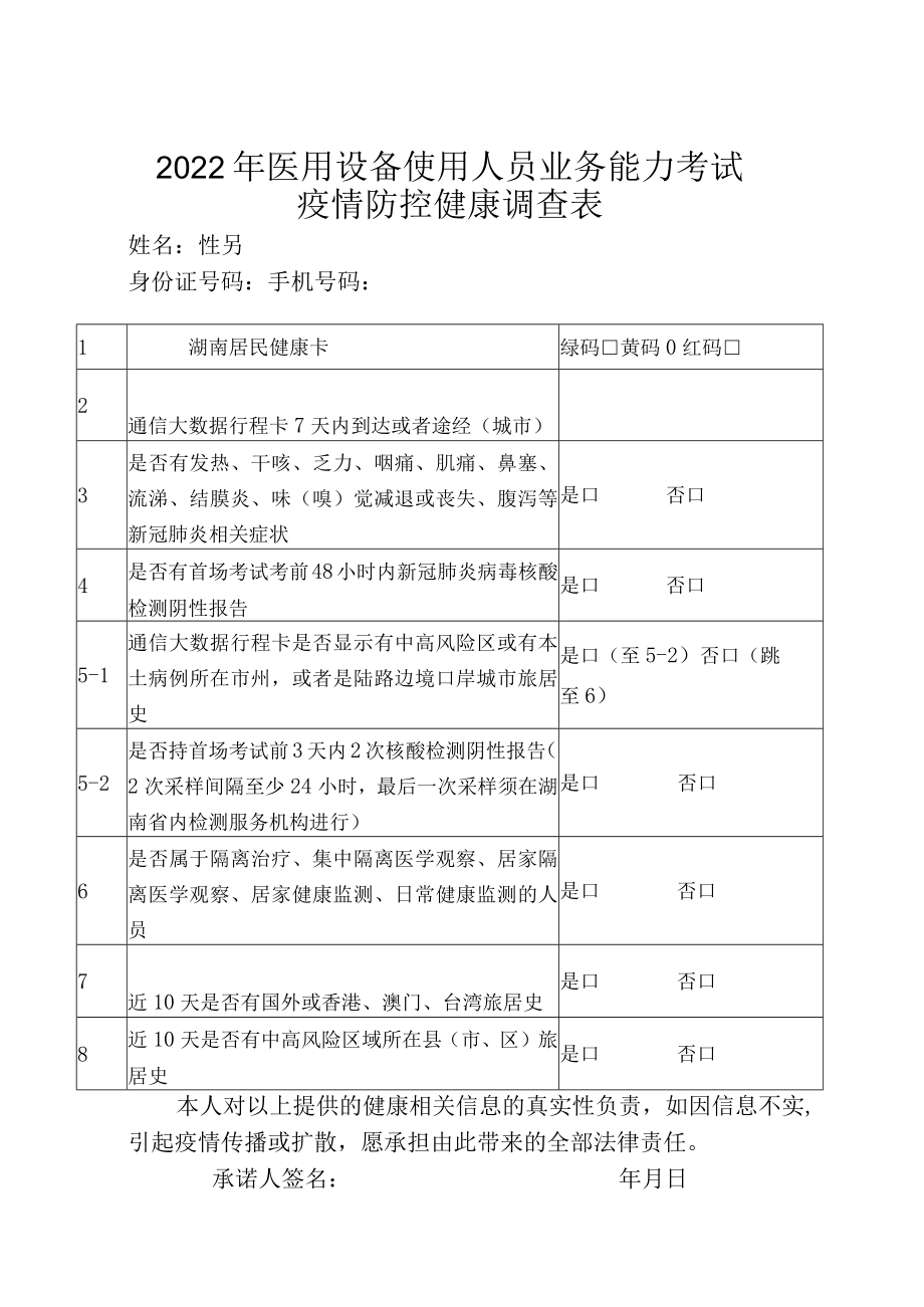 湖南2022年医用设备使用人员业务能力考试疫情防控健康调查表.docx_第1页