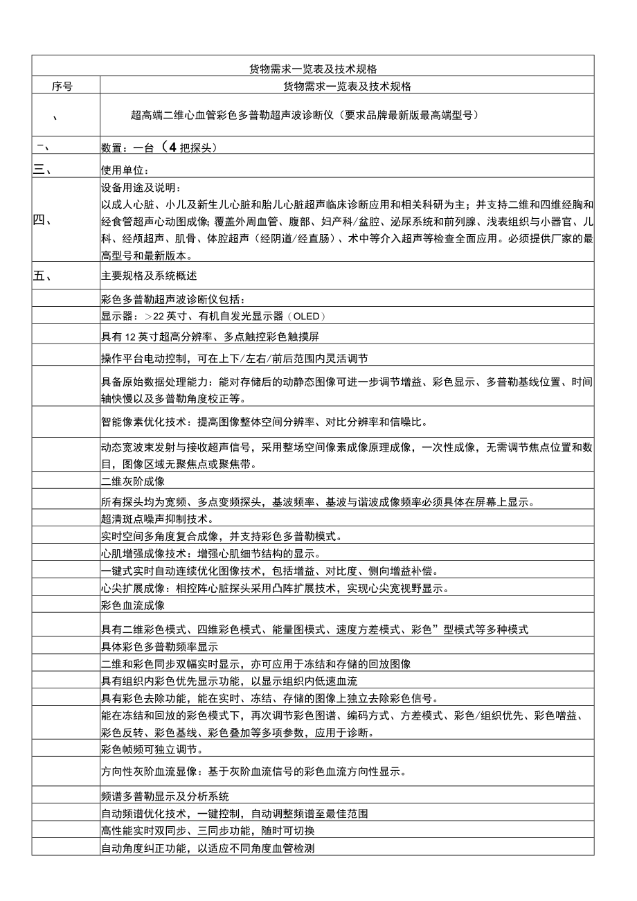 超高端二维心血管彩色多普勒超声波诊断仪 货物需求一览表及技术规格.docx_第1页