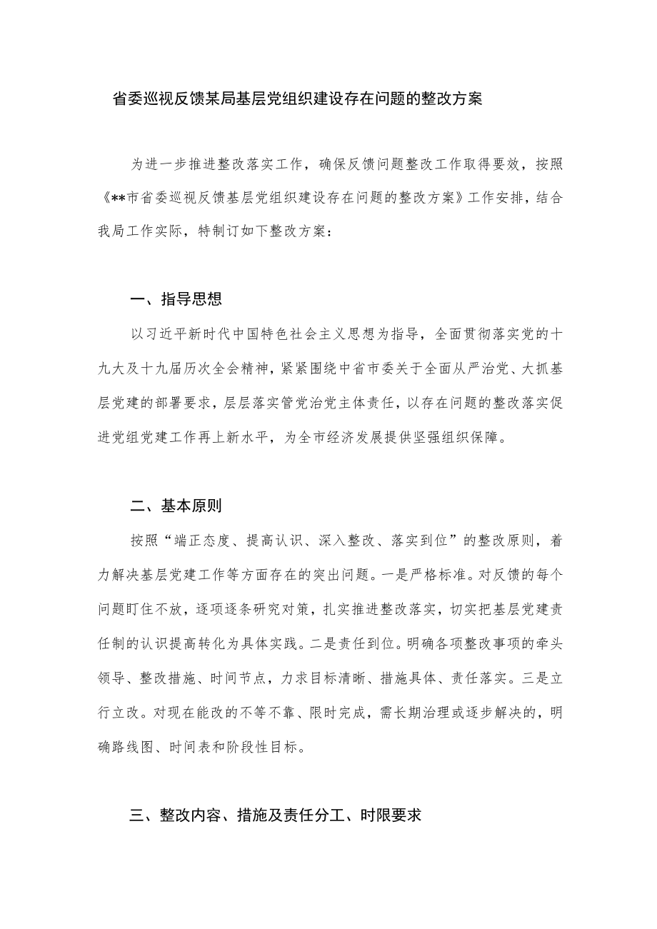 省委巡视反馈某局基层党组织建设存在问题的整改方案.docx_第1页