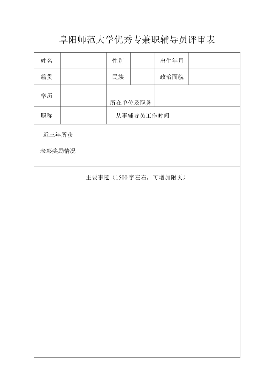 阜阳师范大学优秀专兼职辅导员评审表.docx_第1页