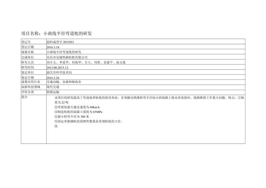 项目名称：小曲线半径弯道枕的研发.docx_第1页