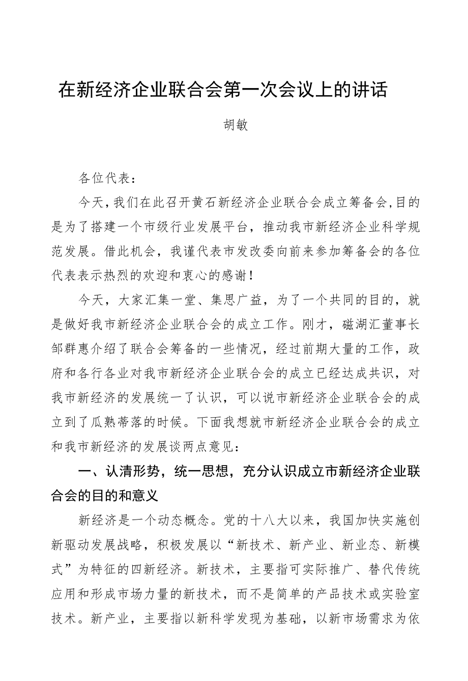 胡敏：在新经济企业联合会第一次会议上的讲话.docx_第1页