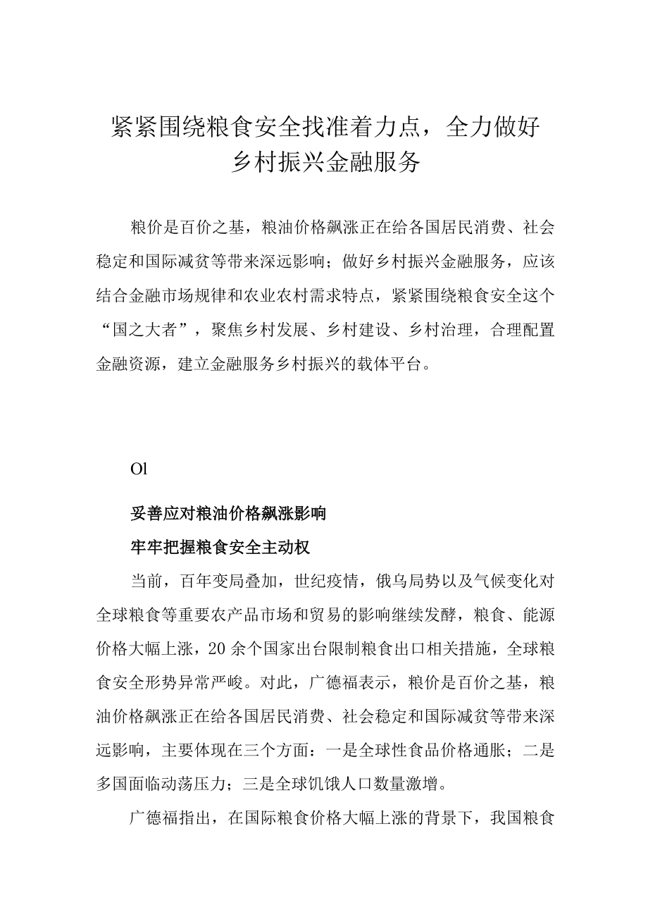 紧紧围绕粮食安全找准着力点全力做好乡村振兴金融服务.docx_第1页