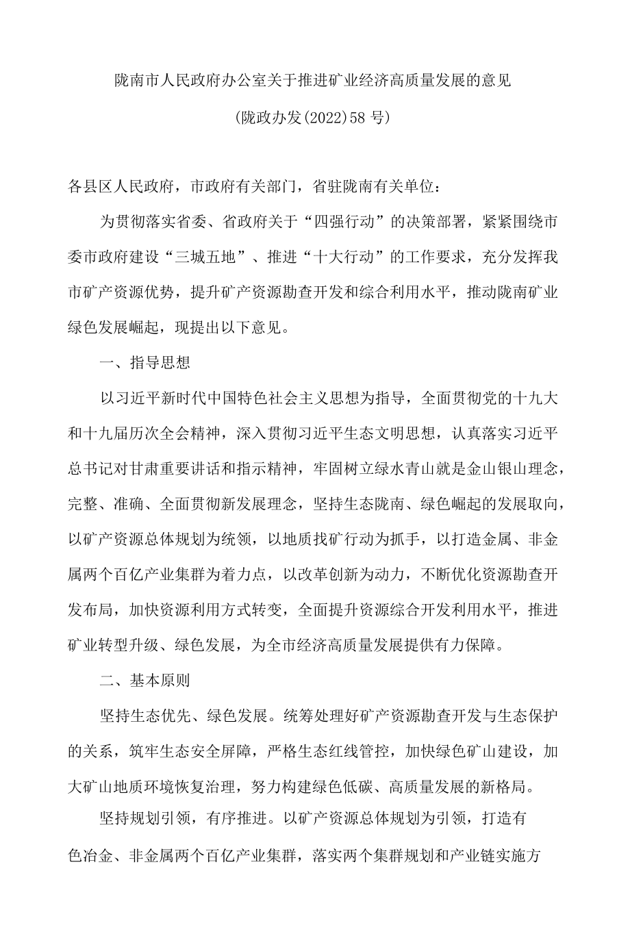 陇南市人民政府办公室关于推进矿业经济高质量发展的意见.docx_第1页