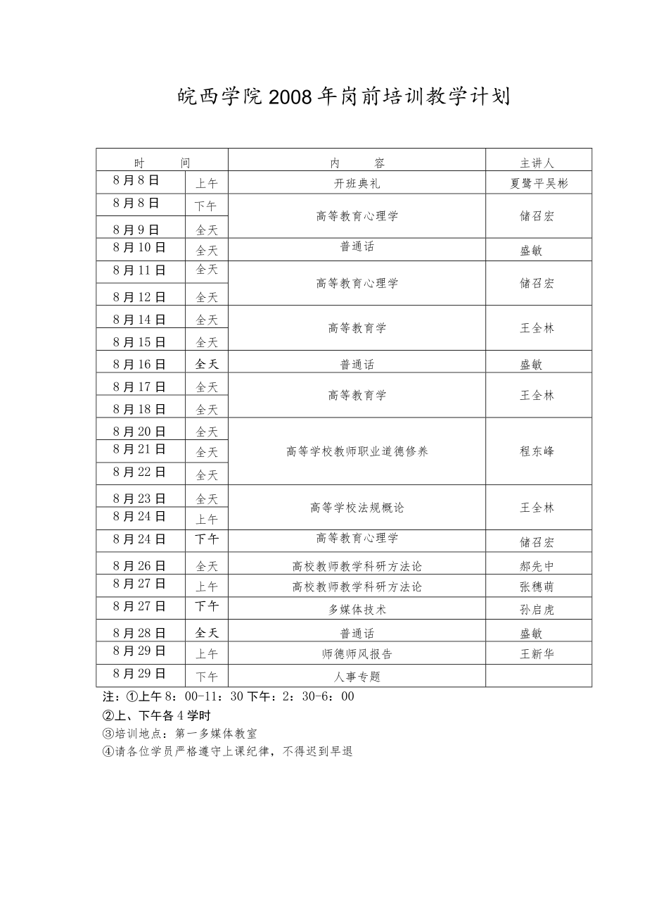 皖西学院2008年岗前培训教学计划.docx_第1页