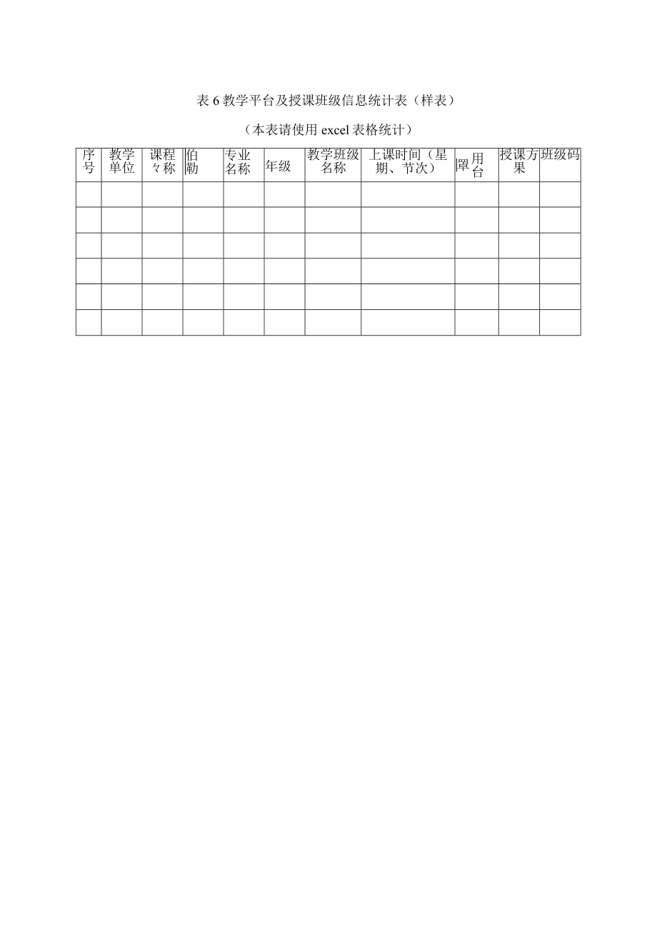 表6 教学平台及授课班级信息统计表（样表）.docx_第1页