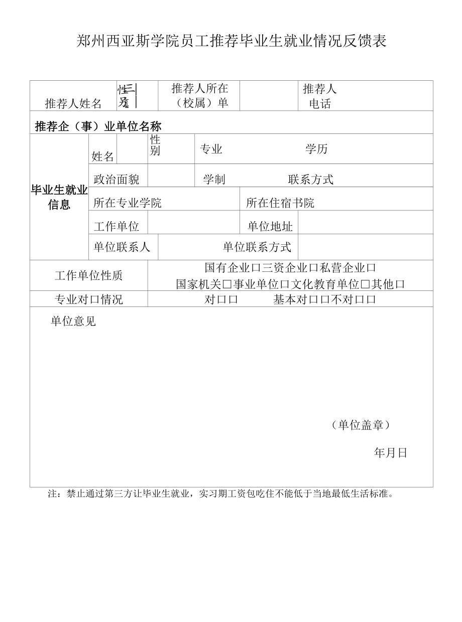 郑州西亚斯学院员工推荐毕业生就业情况反馈表.docx_第1页
