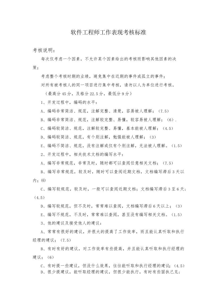 软件工程师工作表现考核标准.docx_第1页