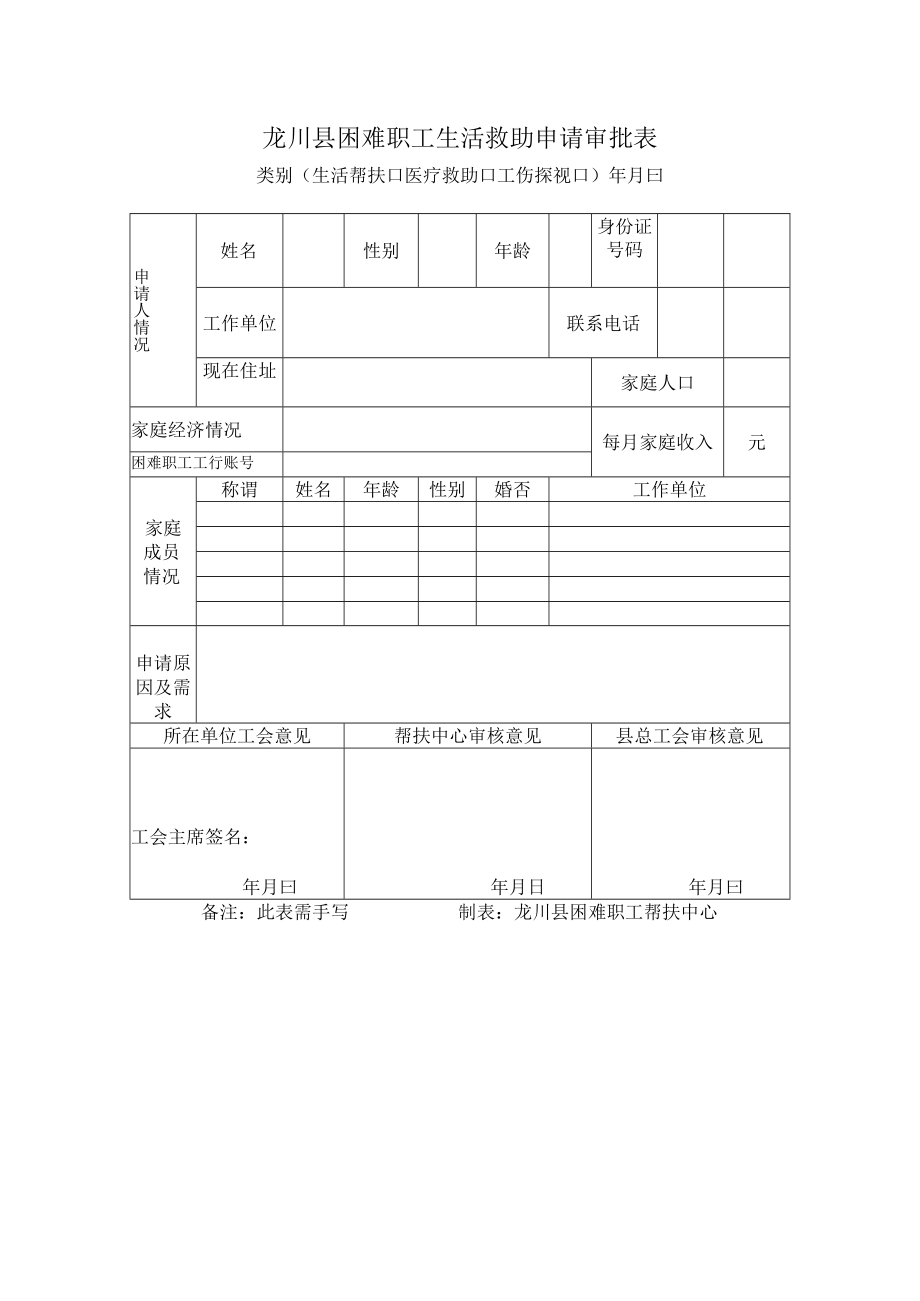 龙川县困难职工生活救助申请审批表.docx_第1页