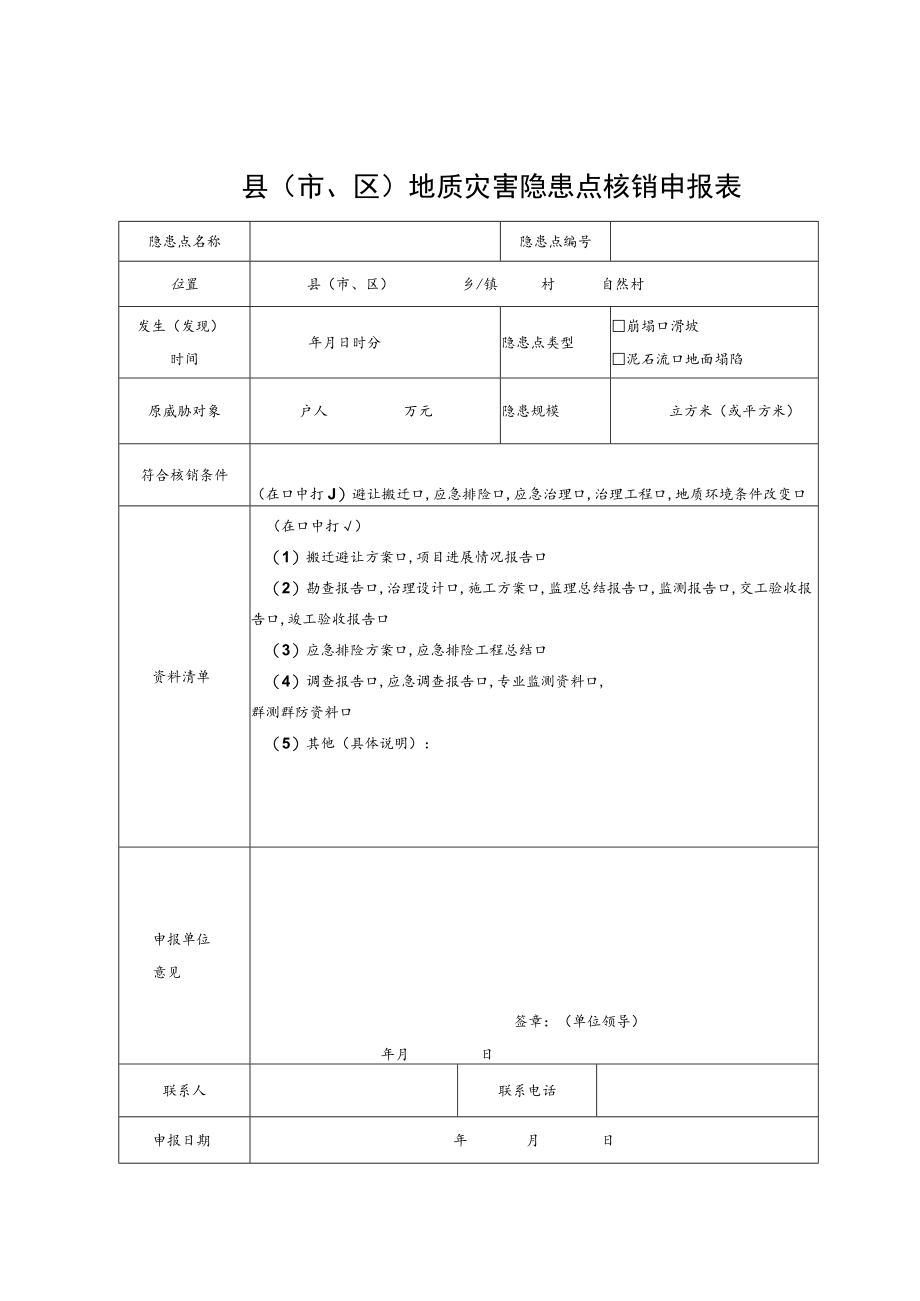 县（市、区）地质灾害隐患点核销申报表、调查报告参考提纲、情况表、特殊建筑安全管理承诺书.docx_第1页