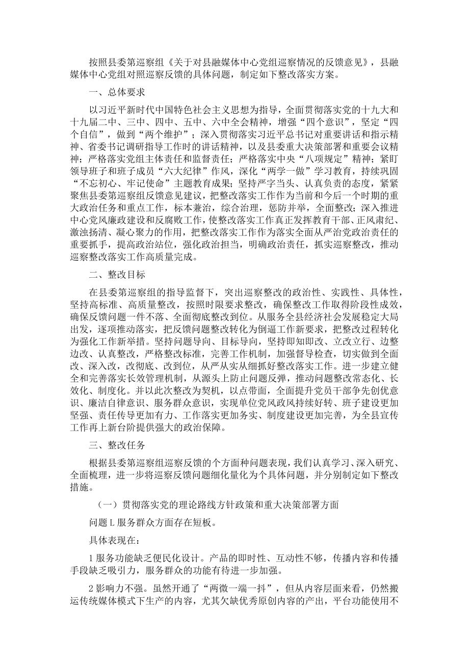 县融媒体中心党组关于县委巡察反馈意见的整改落实方案.docx_第1页