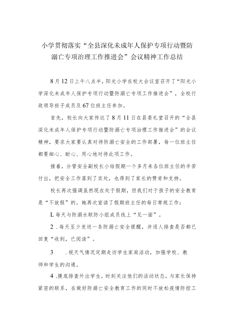 小学贯彻落实“全县深化未成年人保护专项行动暨防溺亡专项治理工作推进会”会议精神工作总结.docx_第1页