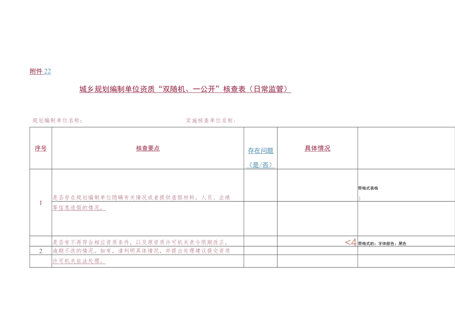 城乡规划编制单位资质“双随机、一公开”核查表（日常监管）.docx_第1页