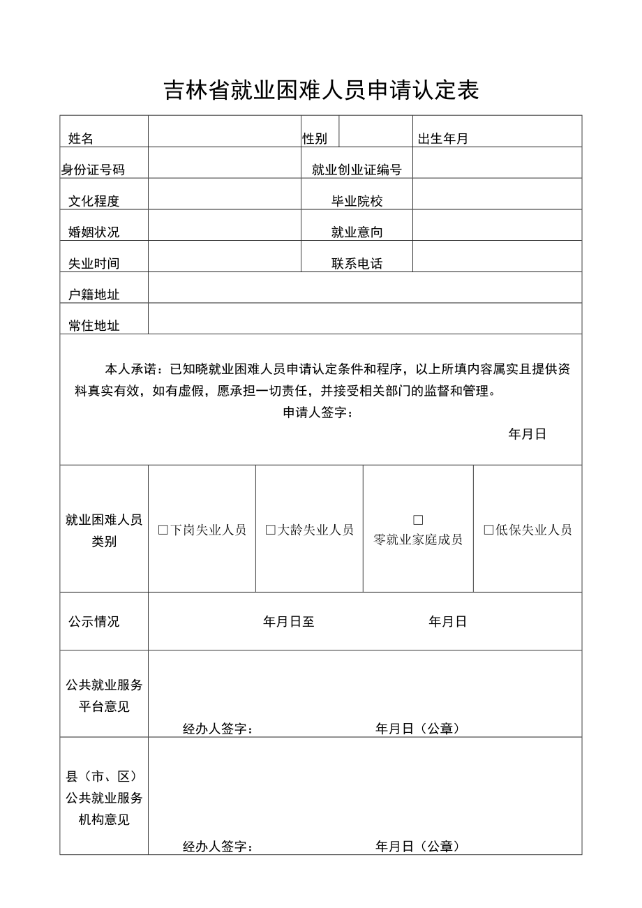 吉林省就业困难人员申请认定表.docx_第1页