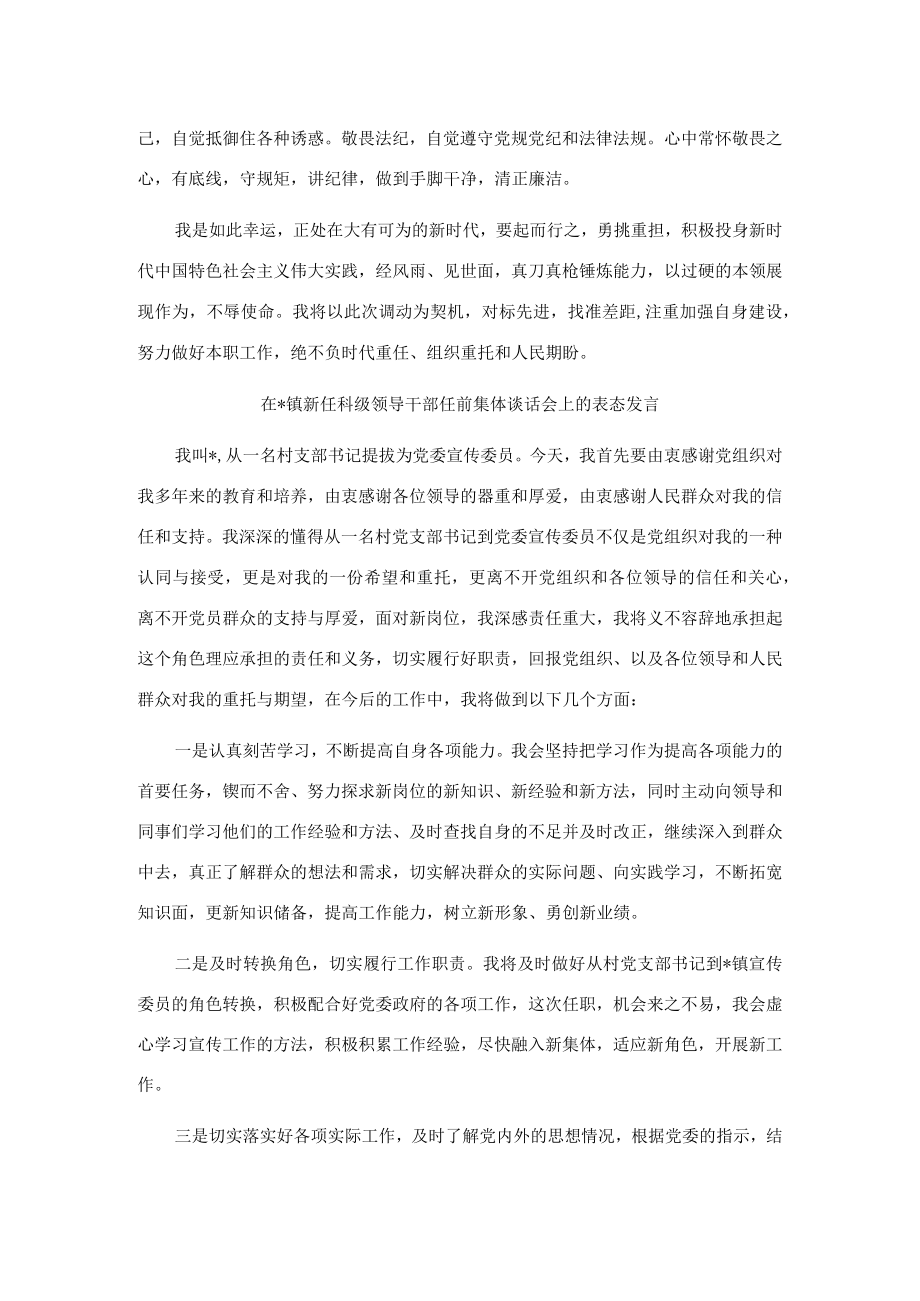 在镇新任科级领导干部任前集体谈话会上的表态发言（5篇）.docx_第3页