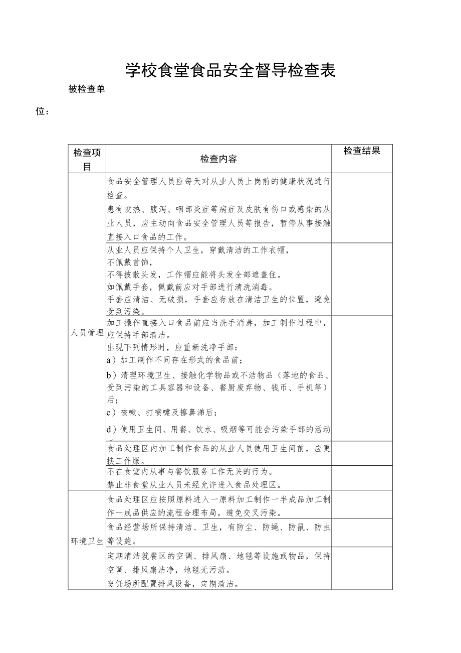 学校食堂食品安全督导检查表.docx_第1页