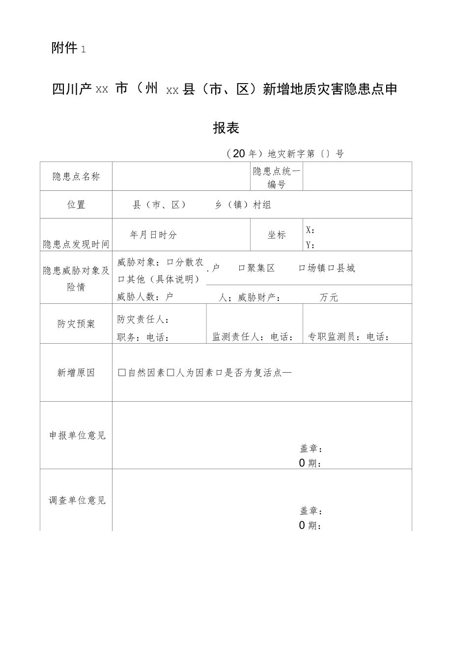 四川省xx市（州）xx县（市、区）新增地质灾害隐患点申报表.docx_第1页