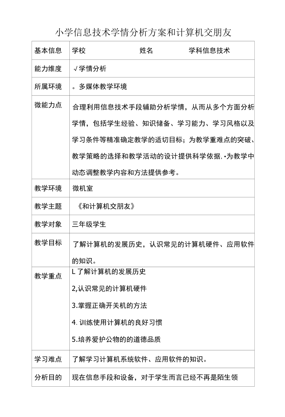 小学信息技术学情分析方案和计算机交朋友.docx_第1页