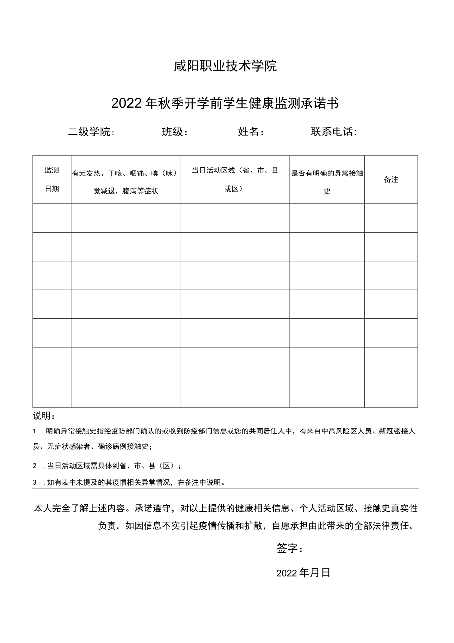 咸阳职业技术学院2022年秋季开学前学生健康监测承诺书.docx_第1页