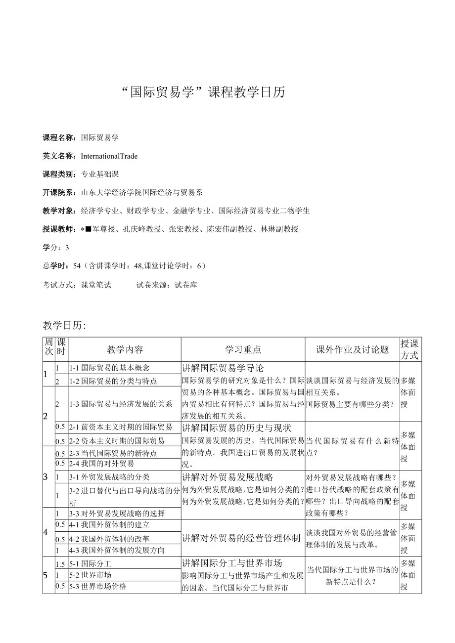 国际贸易学课程教学日历.docx_第1页