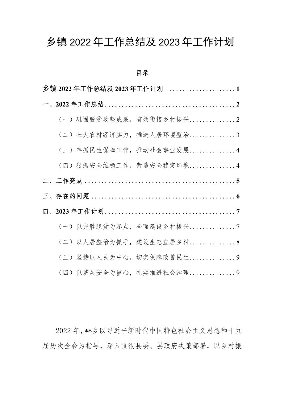 乡镇2022年工作总结及2023年工作计划.docx_第1页