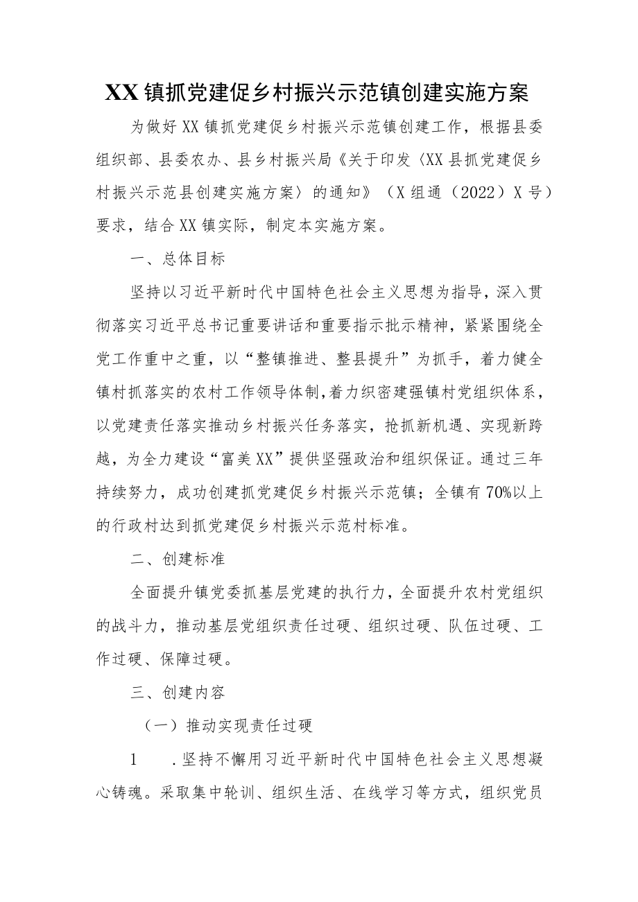 XX镇抓党建促乡村振兴示范镇创建实施方案.docx_第1页