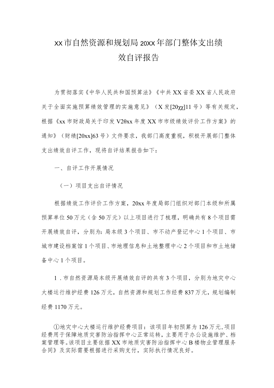 xx市自然资源和规划局20xx年部门整体支出绩效自评报告.docx_第1页