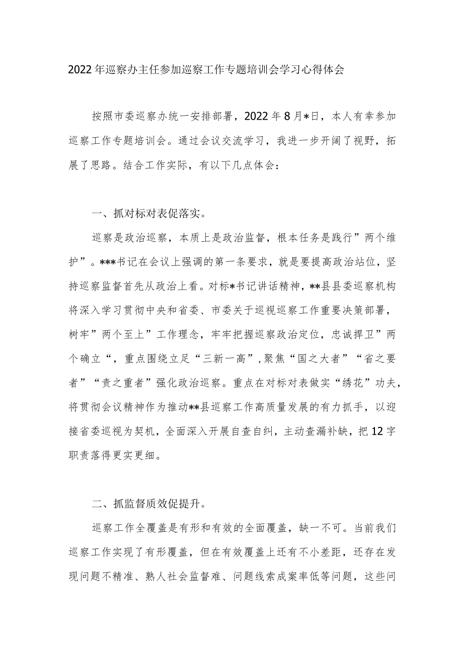 2022年巡察办主任参加巡察工作专题培训会学习心得体会.docx_第1页