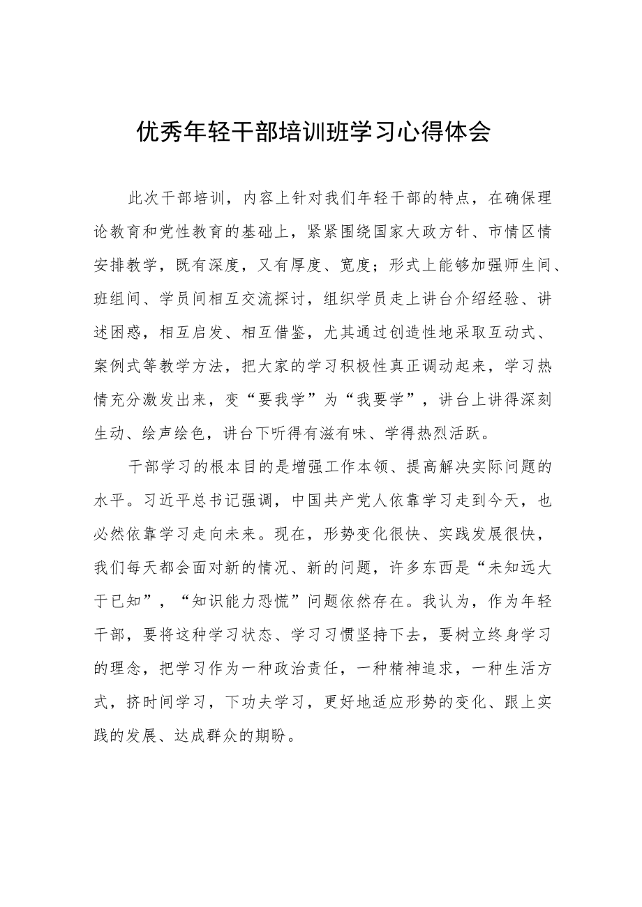 2022年优秀年轻干部培训班学习心得体会感悟五篇范文.docx_第1页