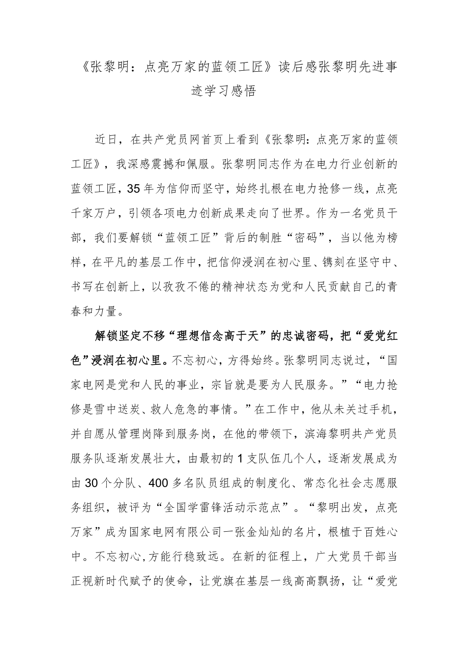 《张黎明：点亮万家的蓝领工匠》读后感张黎明先进事迹学习感悟.docx_第1页