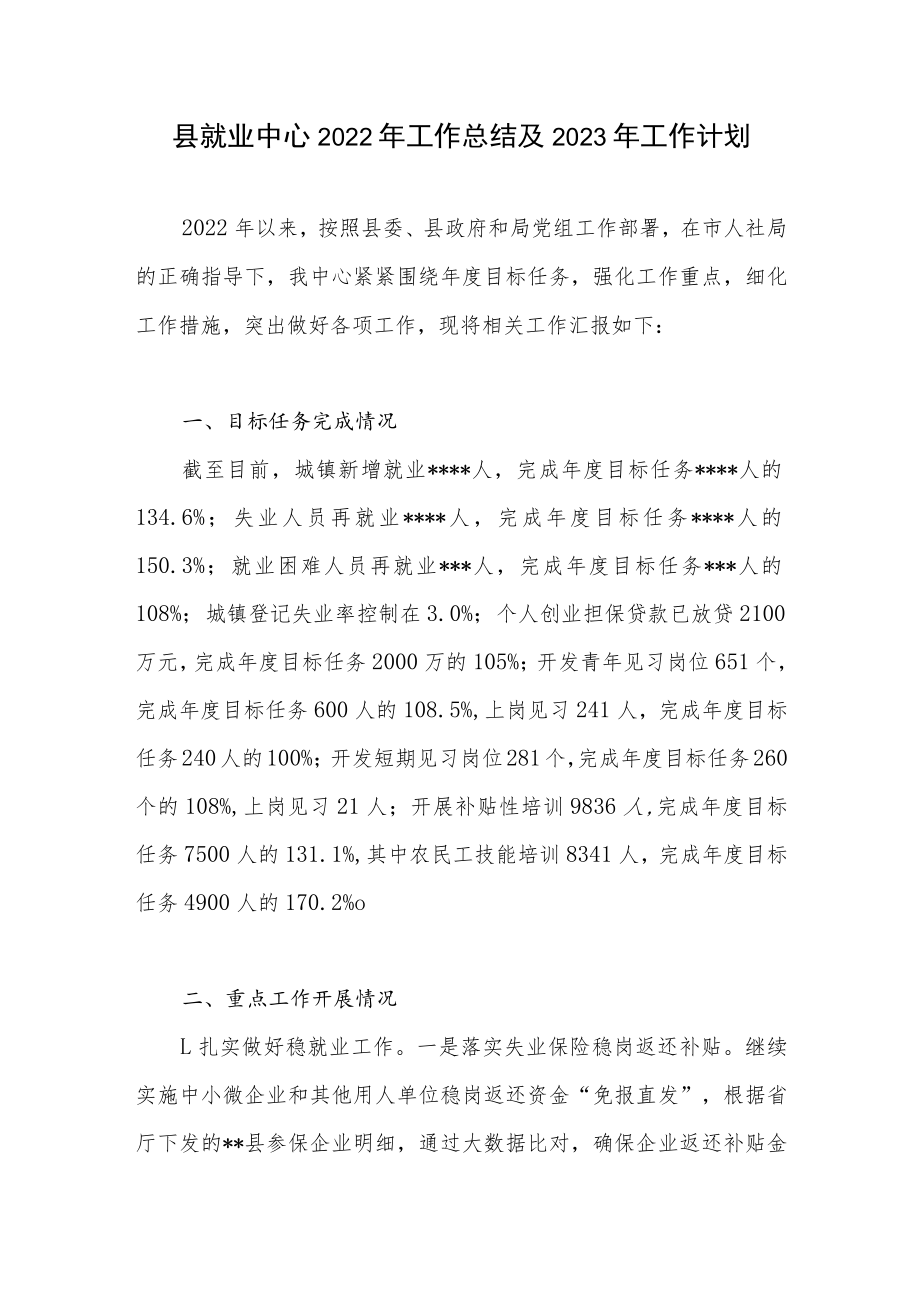 2022年县就业中心工作总结及2023年工作计划.docx_第1页