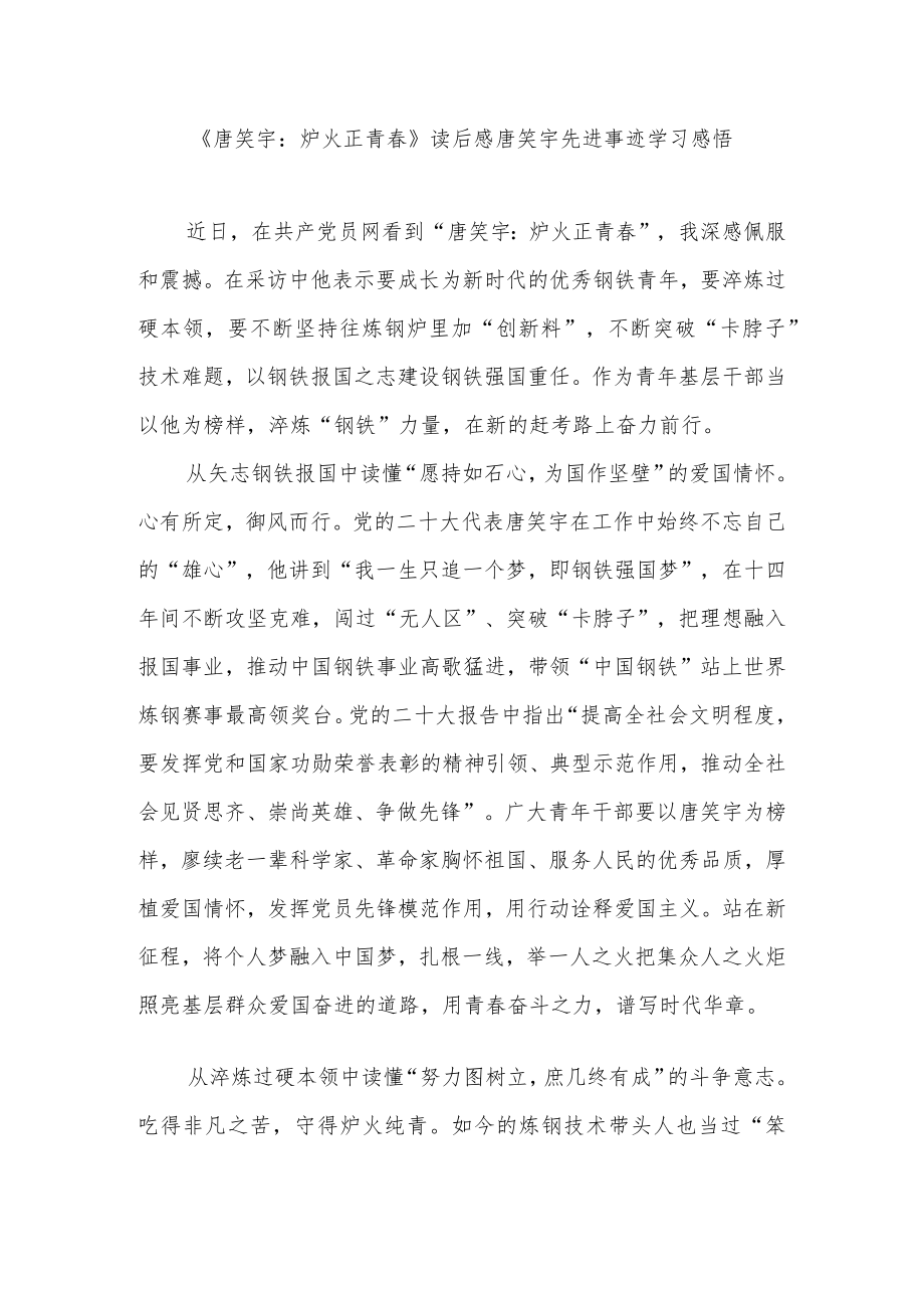 《唐笑宇：炉火正青春》读后感唐笑宇先进事迹学习感悟2篇.docx_第1页