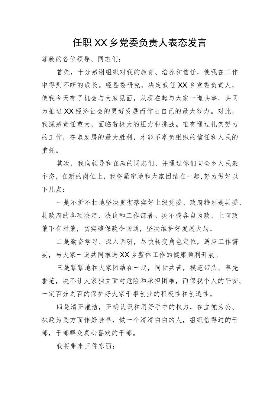 任职XX乡党委负责人表态发言.docx_第1页