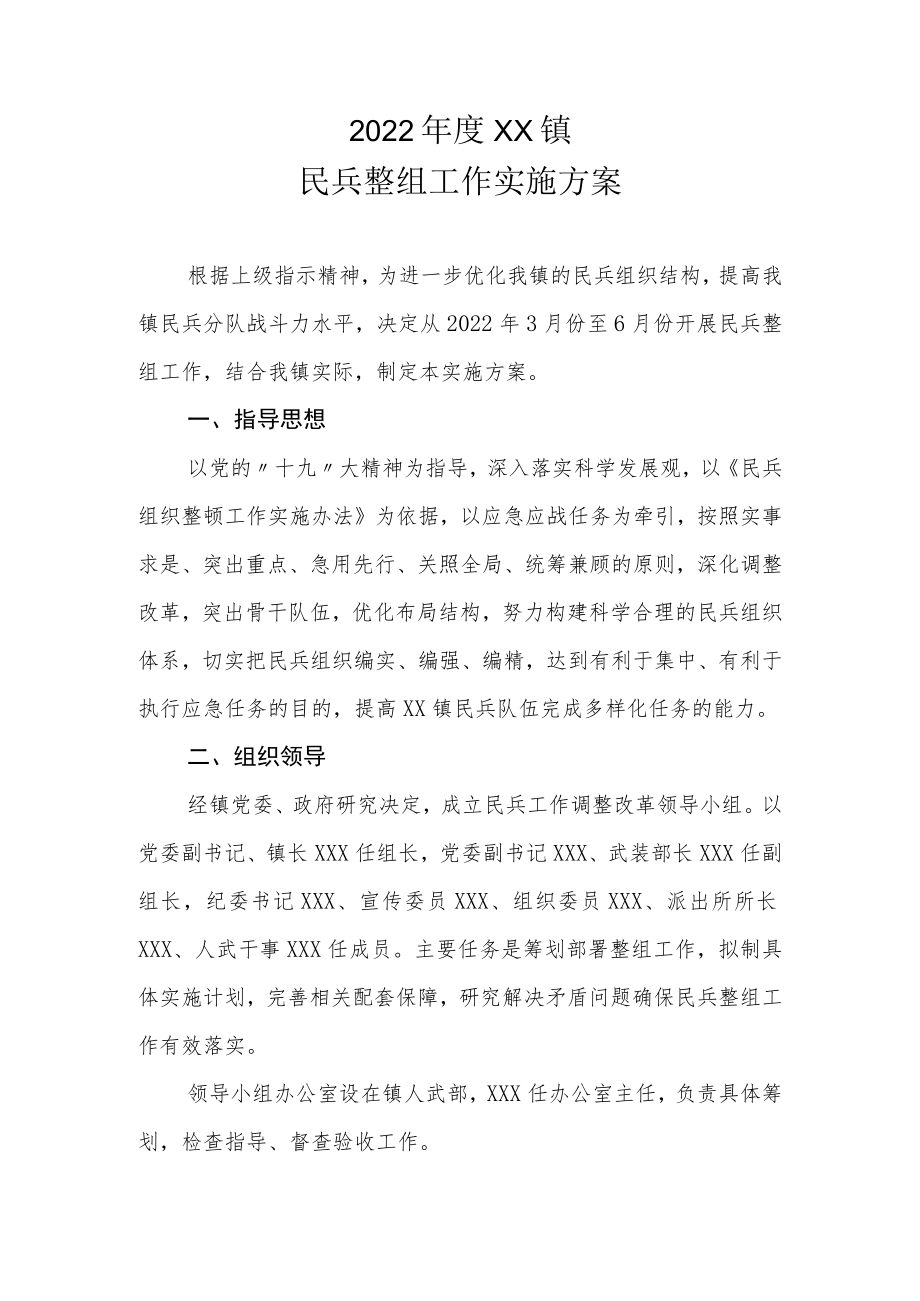 2022年度XX镇民兵整组工作实施方案.docx_第1页