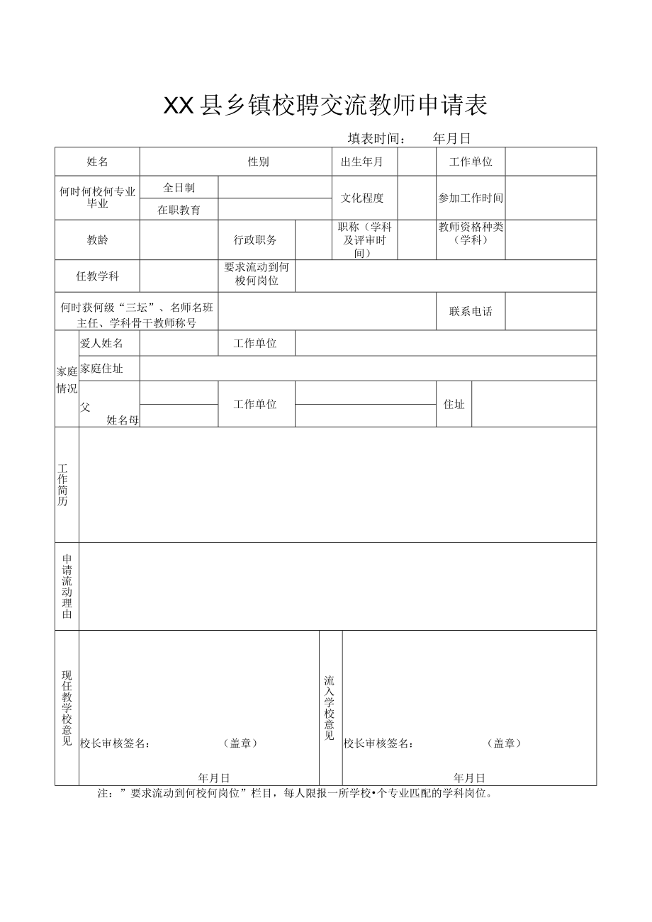 XX县乡镇校聘交流教师申请表.docx_第1页