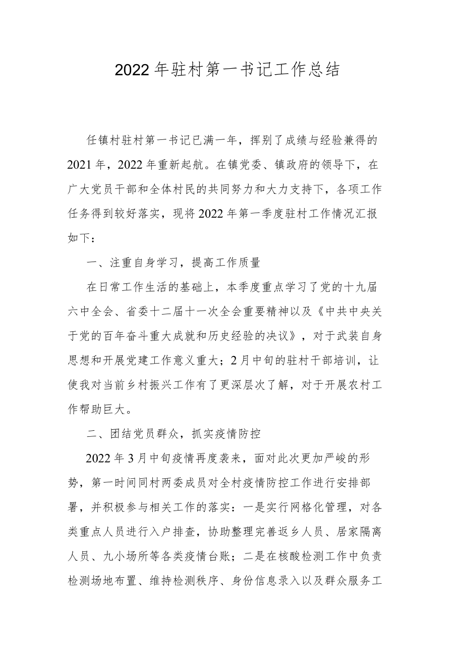 2022年驻村第一书记工作总结.docx_第1页