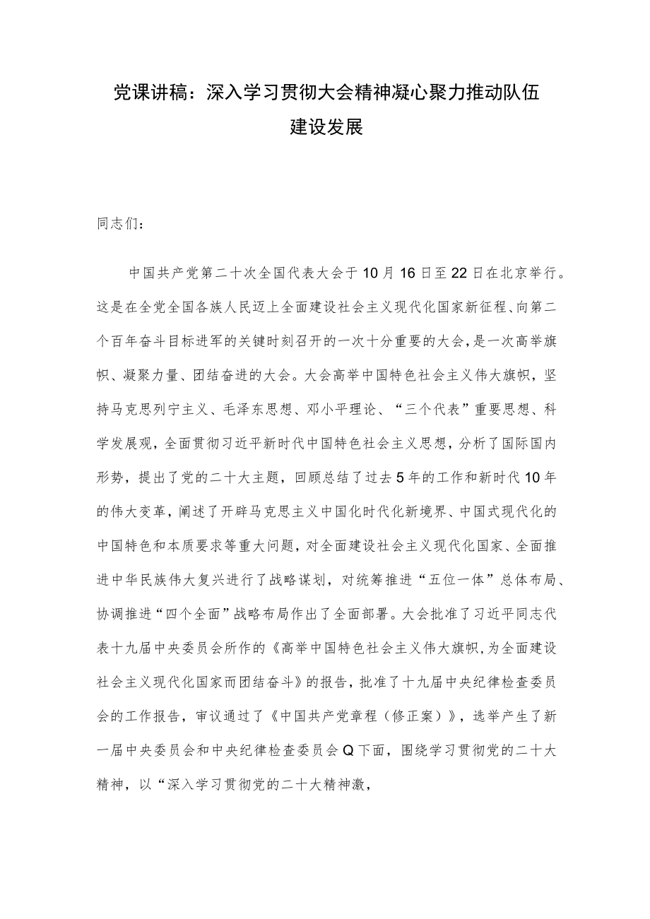 党课讲稿：深入学习贯彻大会精神 凝心聚力推动队伍建设发展.docx_第1页