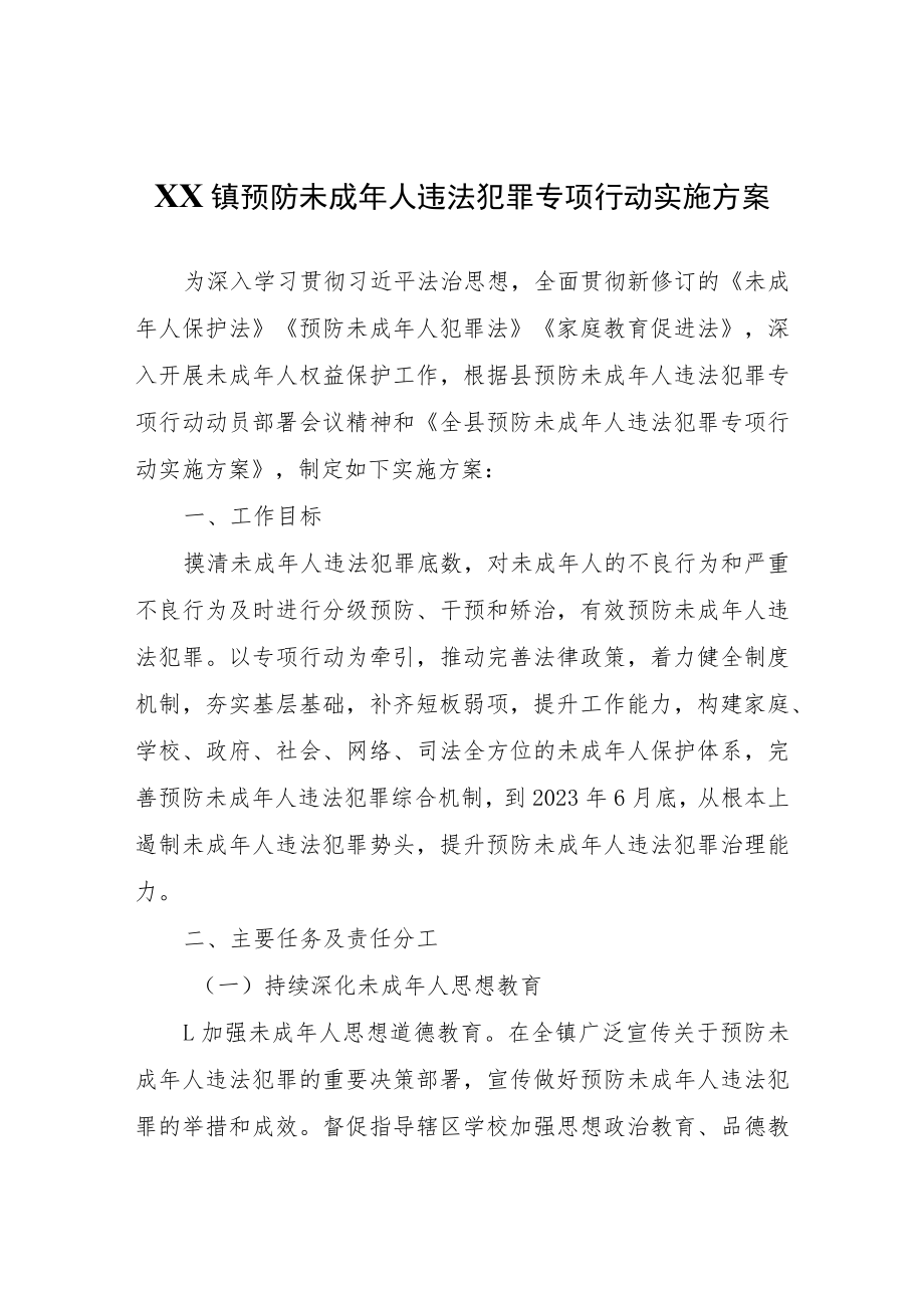 XX镇预防未成年人违法犯罪专项行动实施方案 .docx_第1页