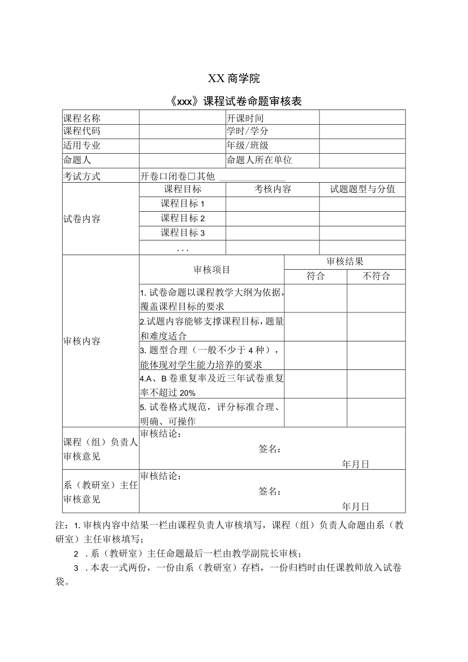 XX商学院《xxx》课程试卷命题审核表.docx_第1页