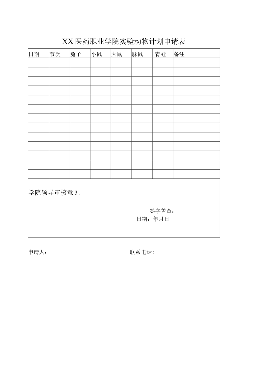 XX医药职业学院实验动物计划申请表.docx_第1页