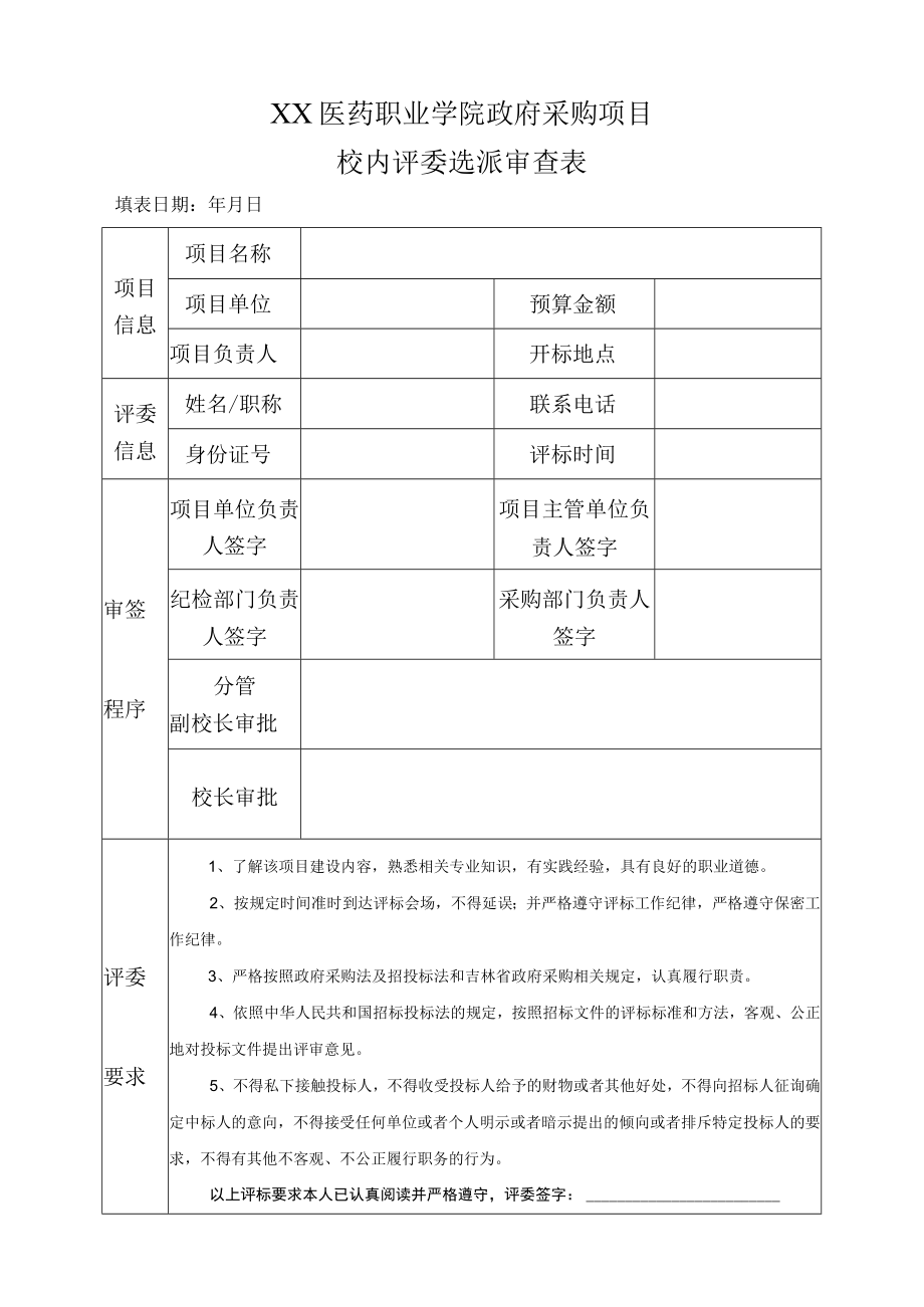 XX医药职业学院政府采购项目校内评委选派审查表.docx_第1页