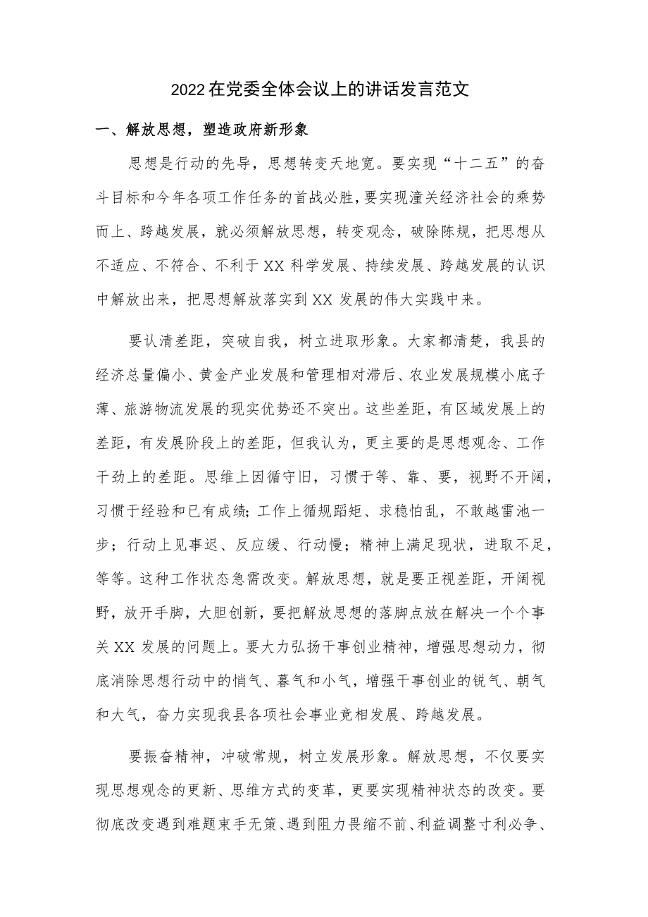 2022在党委全体会议上的讲话发言范文.docx_第1页