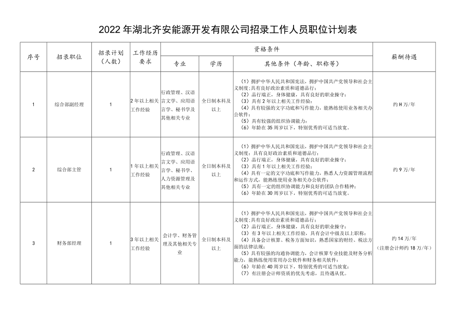 2022年湖北齐安能源开发有限公司招录工作人员职位计划表.docx_第1页