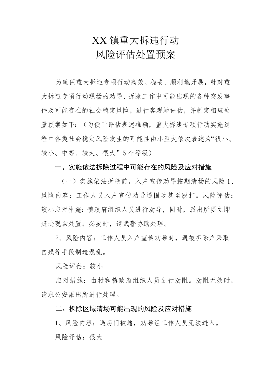 XX镇重大拆违行动风险评估处置预案.docx_第1页