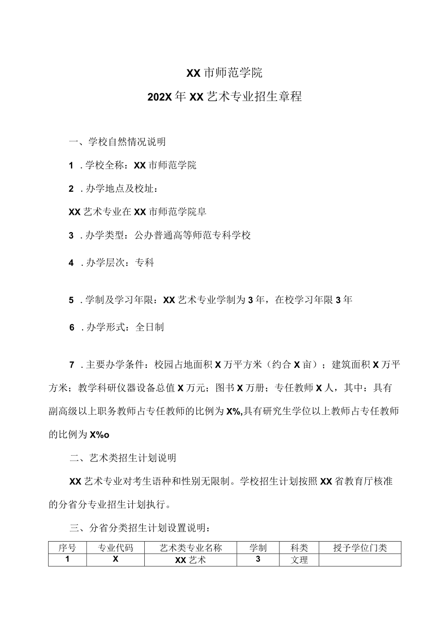 XX市师范学院 202X年XX艺术专业招生章程.docx_第1页