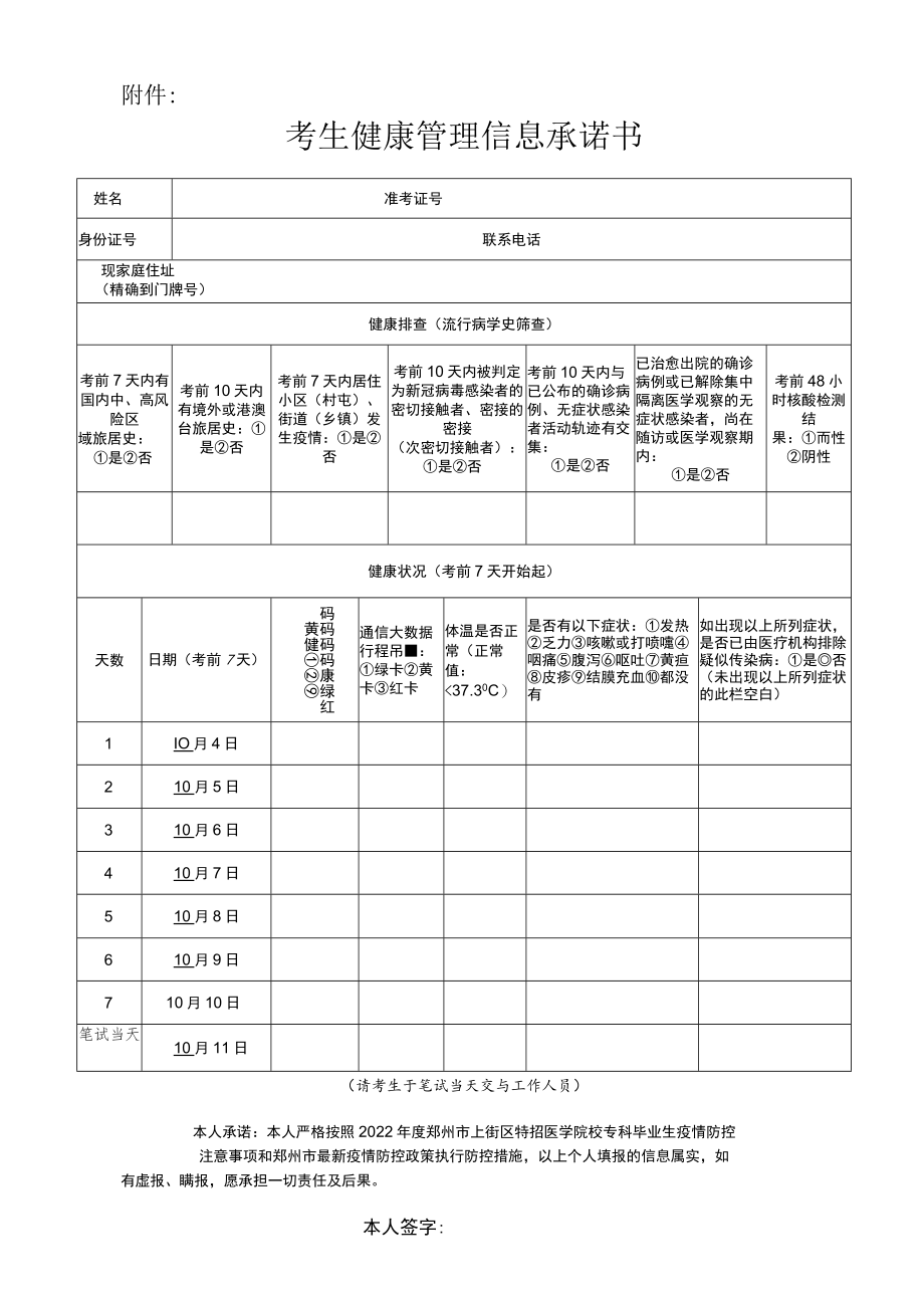 2022年度郑州市上街区特招医学院校专科毕业生考试考生健康管理信息承诺书.docx_第1页