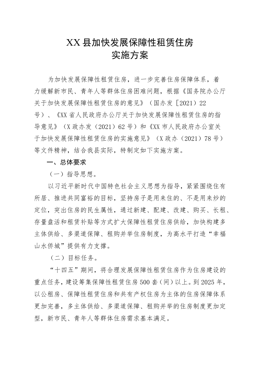 XX县加快发展保障性租赁住房实施方案.docx_第1页