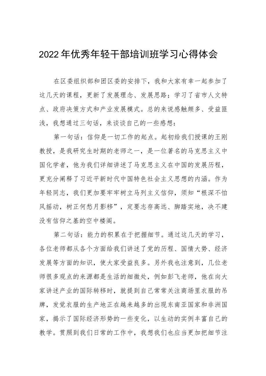 2022年优秀年轻干部培训班学习心得体会五篇例文.docx_第1页