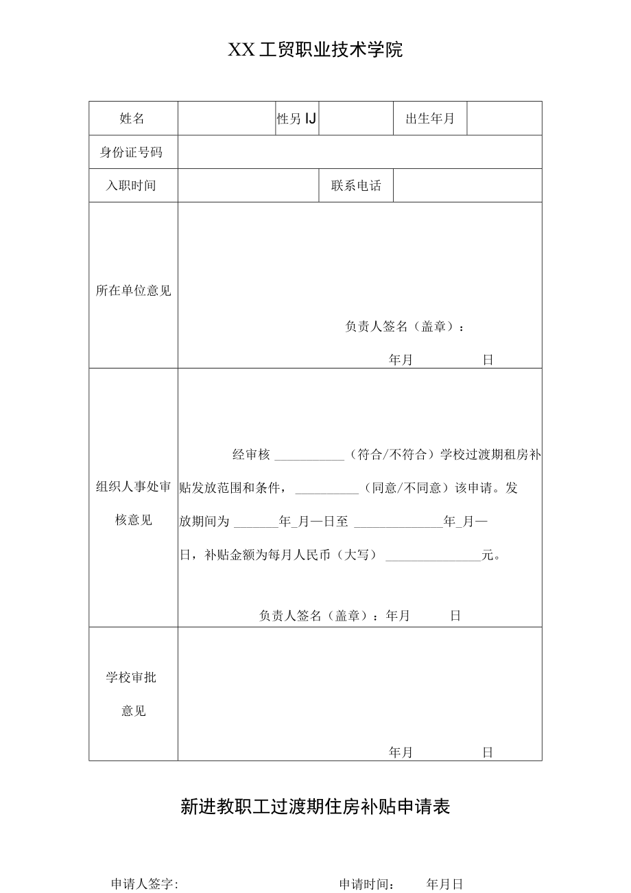 XX工贸职业技术学院新进教职工过渡期住房补贴申请表.docx_第1页